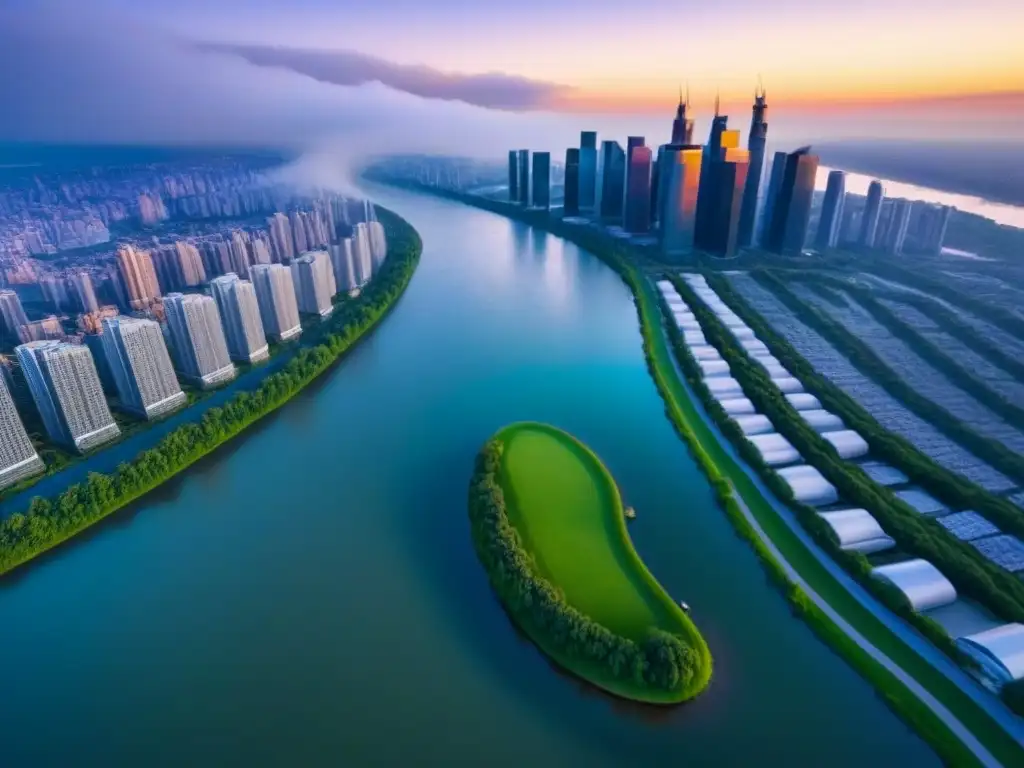 Metrópolis moderna: luces y naturaleza en perfecta armonía Vista aérea de ciudad vibrante al atardecer con rascacielos modernos y parques, reflejando la interconexión de las mejores leyes propiedad extranjeros