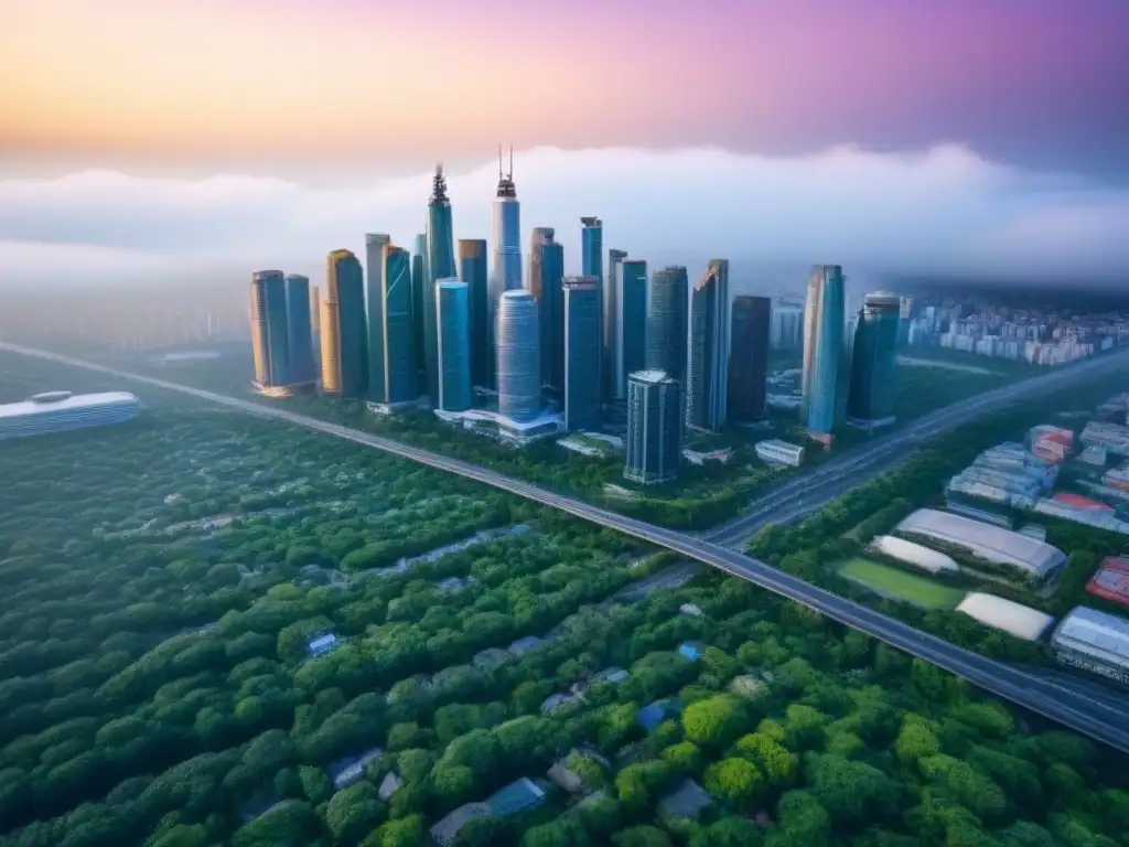Metrópolis vibrante: perspectiva aérea de la ciudad en crecimiento 2023 Vista aérea de ciudad vibrante, con rascacielos y vegetación, reflejando mercados inmobiliarios internacionales emergentes 2023