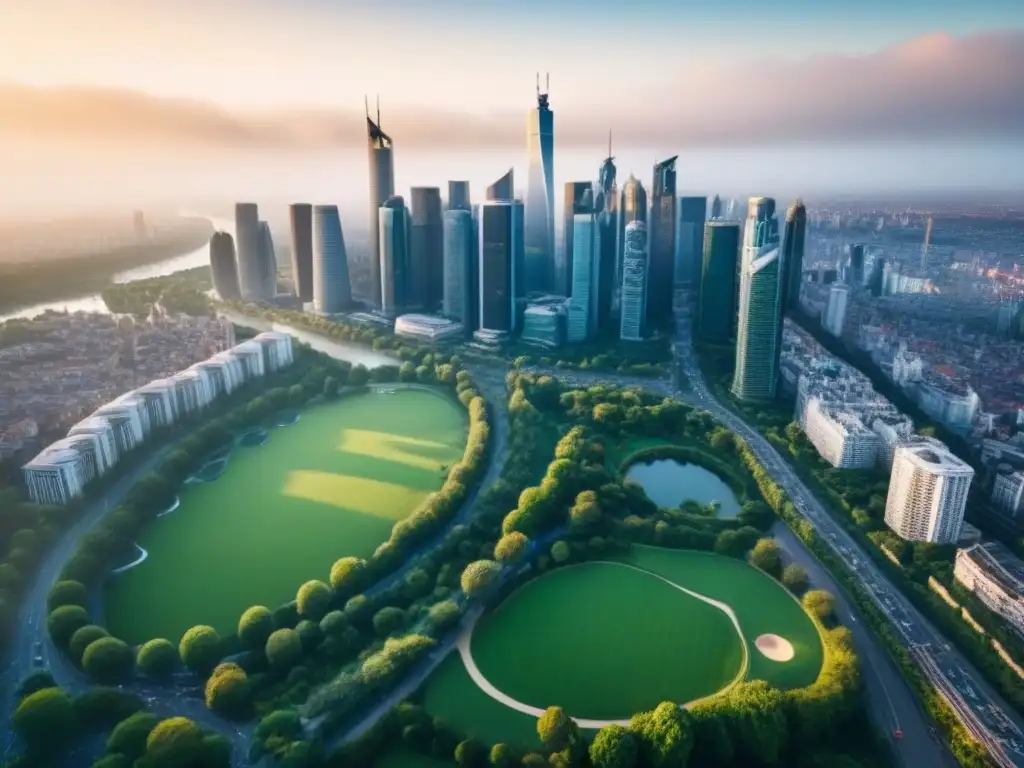 Metrópolis vibrante: arquitectura histórica y rascacielos modernos Vista aérea de una ciudad vibrante con rascacielos y parques verdes, perfecta para invertir en bienes raíces