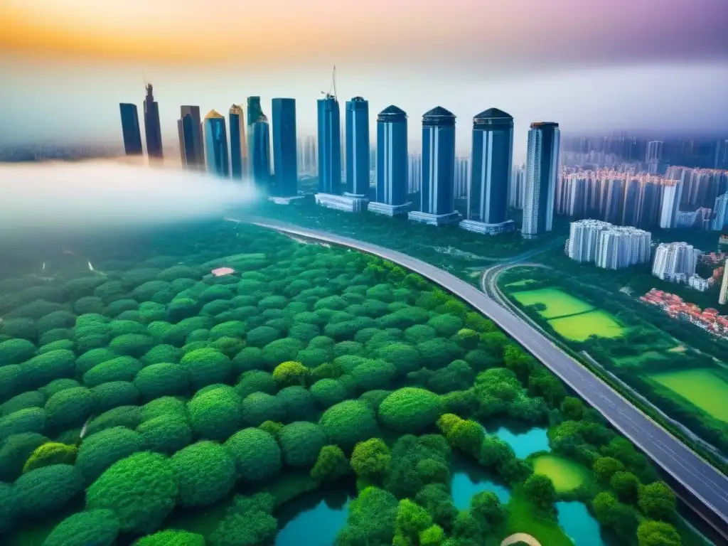 Metrópolis verde: la fusión perfecta entre urbanismo y naturaleza Vista aérea de una ciudad vibrante con rascacielos entre parques verdes, reflejando estrategias anticíclicas mercado inmobiliario