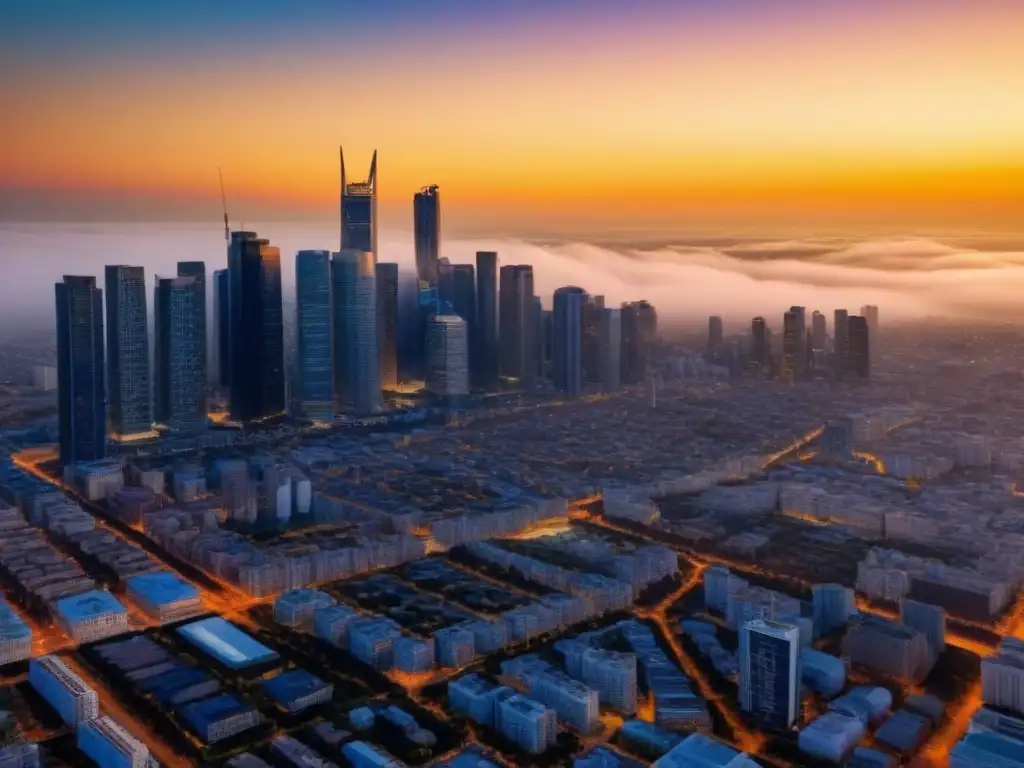 Espléndido atardecer en ciudad de rascacielos Vista aérea de una ciudad vibrante al atardecer, simbolizando el crecimiento en el mercado inmobiliario internacional