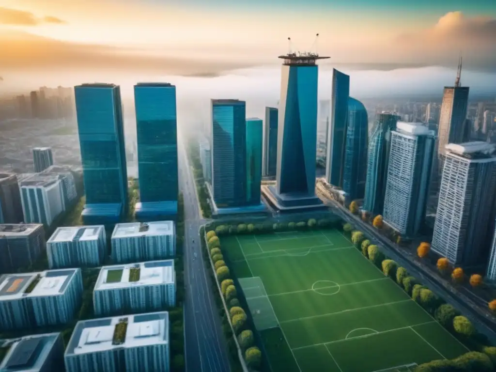 Metrópolis innovadora: coworking en armonía Vista aérea de una ciudad vibrante con rascacielos modernos y espacios verdes, simbolizando oportunidades inversión mercado inmobiliario internacional