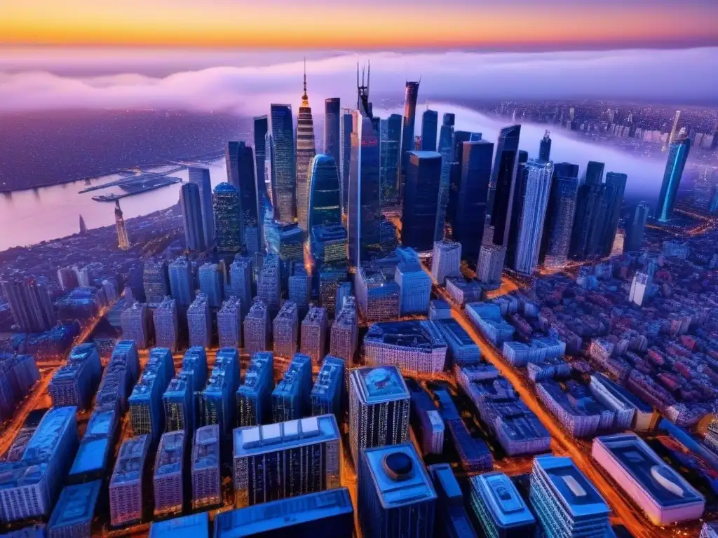 Inversión inmobiliaria: panorama urbano vibrante al atardecer Vista aérea de una ciudad vibrante al atardecer, reflejo del mercado inmobiliario en uno de los mejores países inversión inmobiliaria internacional