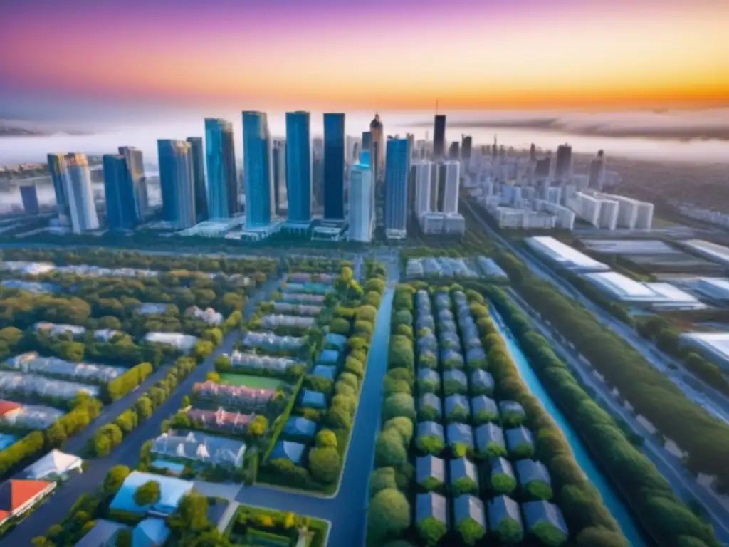 Horizonte urbano al atardecer: modernidad y naturaleza Vista aérea de una ciudad vibrante al atardecer, con rascacielos iluminados por el sol