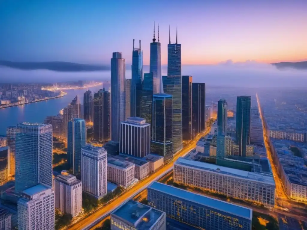 Horizonte urbano al anochecer: inversión inmobiliaria estratégica en ciudad emergente Vista aérea de una ciudad vibrante al anochecer, con rascacielos modernos y edificios históricos, luces de la ciudad y tráfico