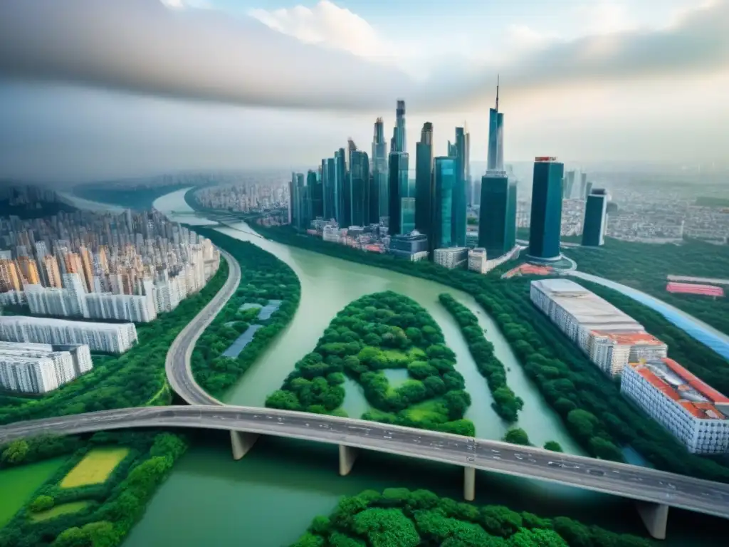 Metrópolis vibrante: Desarrollo urbano y paisajes naturales en análisis de riesgos inmobiliarios Vista aérea de una ciudad vibrante con rascacielos y zonas verdes, simbolizando el análisis de riesgo inmobiliario global