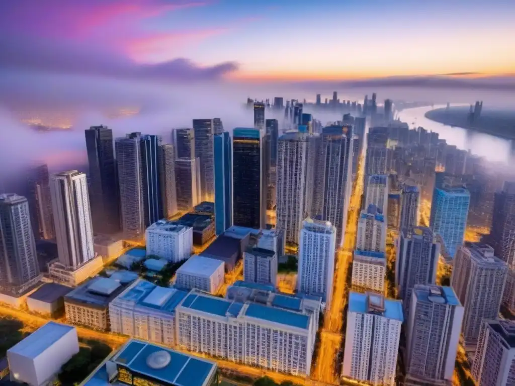 Inversión inmobiliaria: vista aérea de la ciudad al anochecer Vista aérea de una ciudad vibrante al anochecer, con rascacielos iluminados y calles llenas de autos
