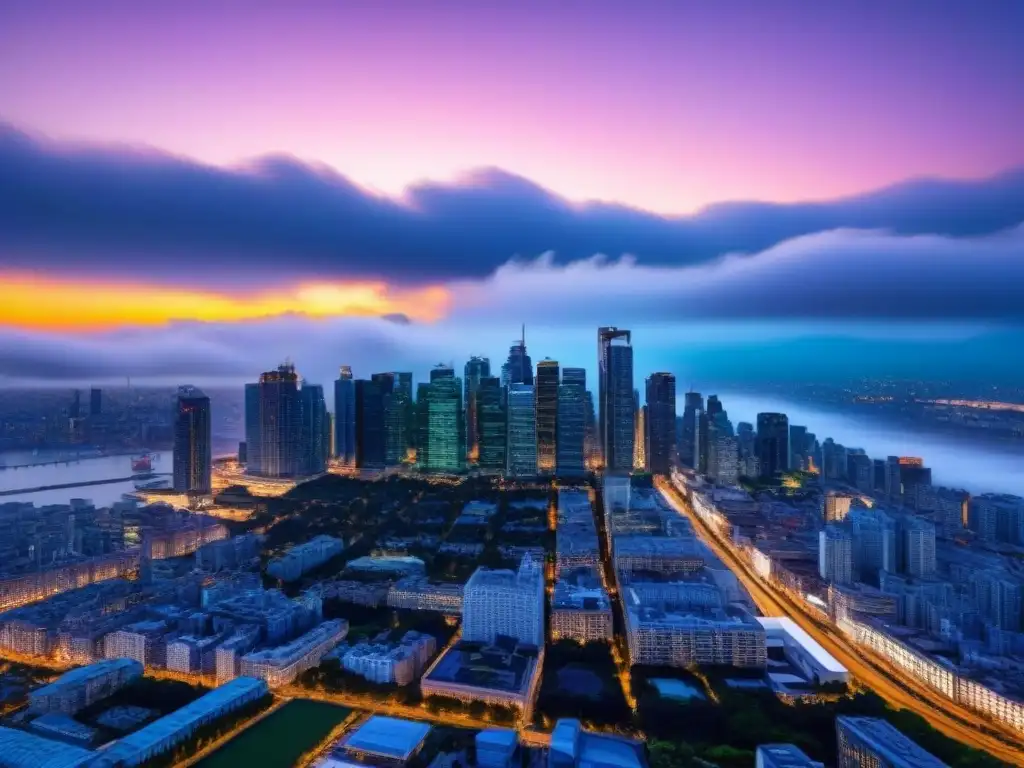 Horizonte urbano al anochecer: modernos rascacielos iluminados Vista aérea de una ciudad vibrante al anochecer, con rascacielos modernos iluminados