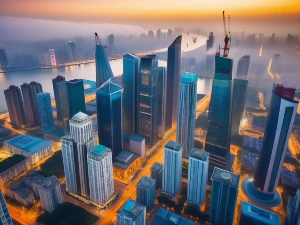 Cityscape emergente: entre tradición y modernidad Vista aérea de una ciudad vibrante en mercados emergentes, con rascacielos modernos y elementos arquitectónicos tradicionales