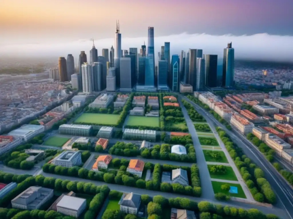 Vibrante mercado inmobiliario para Generación X Vista aérea de una ciudad vibrante con rascacielos modernos y edificios históricos, reflejando el perfil de compradores inmobiliarios internacionales