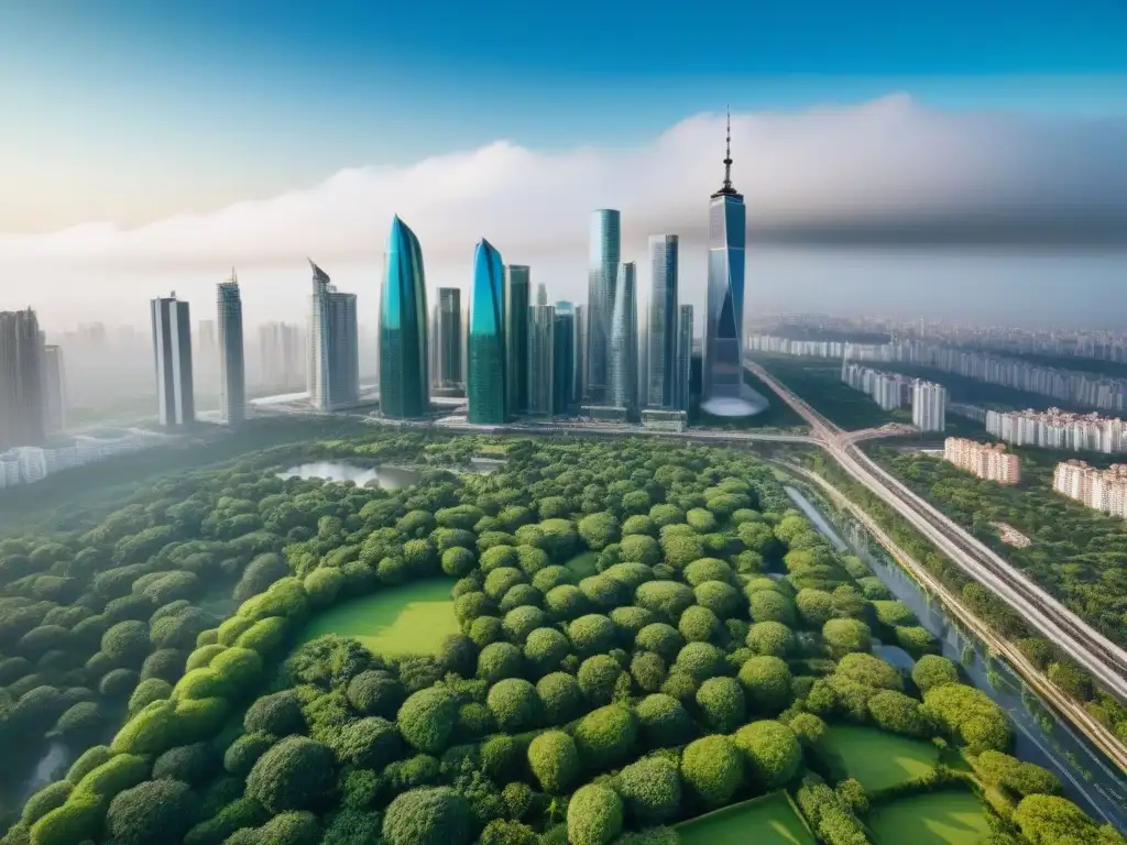 Armonía urbana: fusión de rascacielos y parques tras fusión inmobiliaria Vista aérea de ciudad vibrante con rascacielos fusionándose con parques, simbolizando fusiones en mercado inmobiliario global