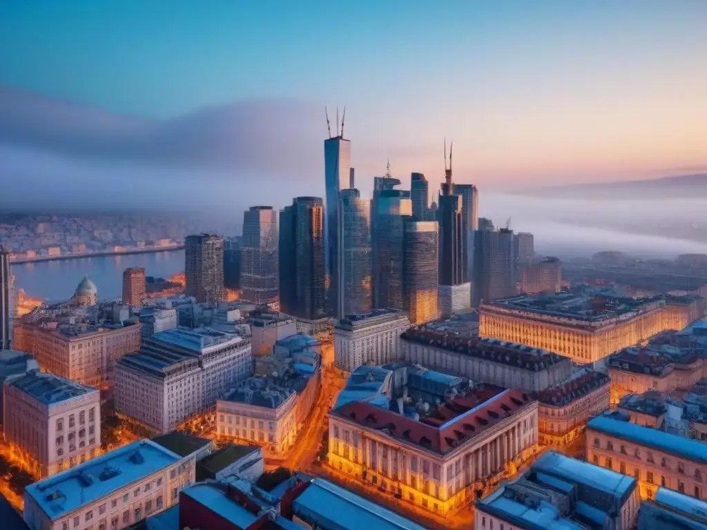 Cityscape urbano al atardecer: mezcla de modernidad y historia Vista aérea de una ciudad vibrante al anochecer, mezclando rascacielos modernos con edificios históricos