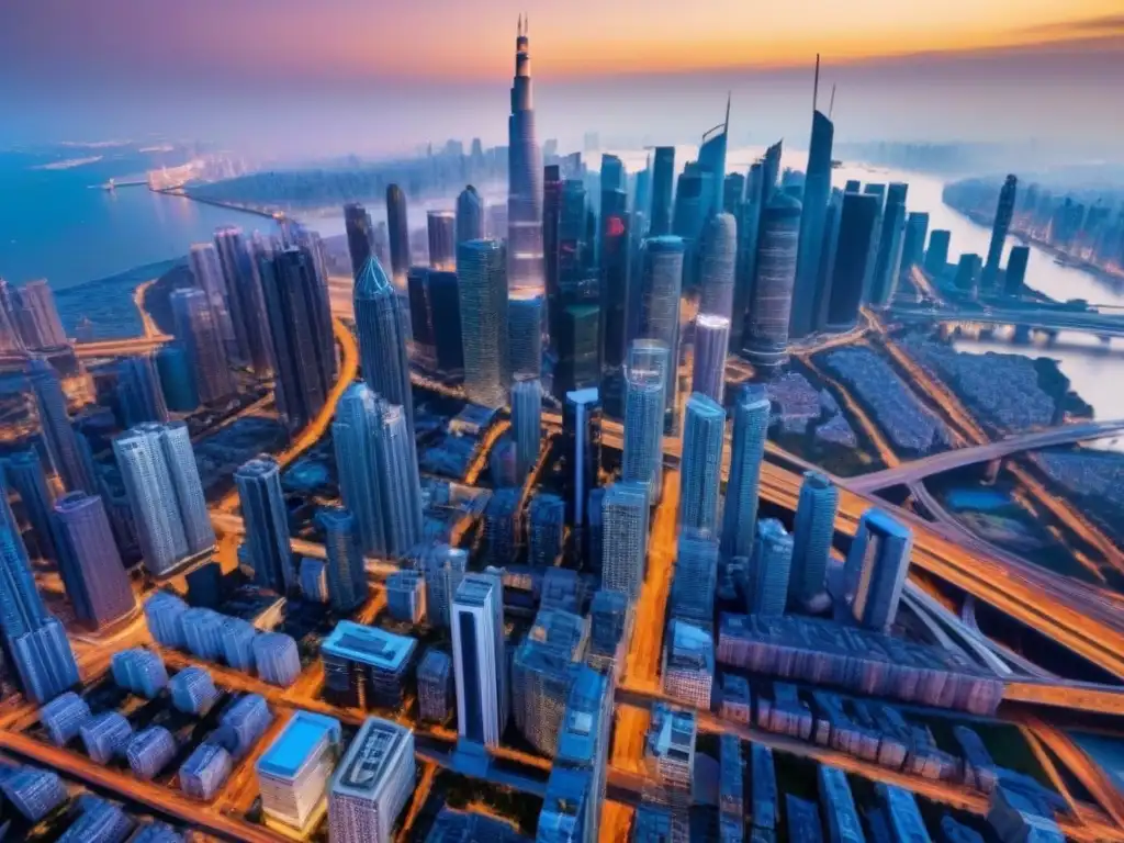 Metrópolis global: rascacielos y diversidad inmobiliaria Vista aérea de ciudad vibrante, rascacielos, propiedades lujosas y modernas