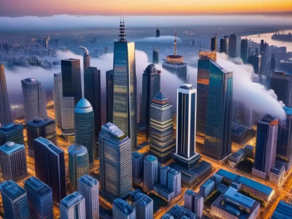 Metrópolis vibrante: mercado inmobiliario en auge Vista aérea de ciudad vibrante con rascacielos modernos, edificios históricos y mercado inmobiliario internacional