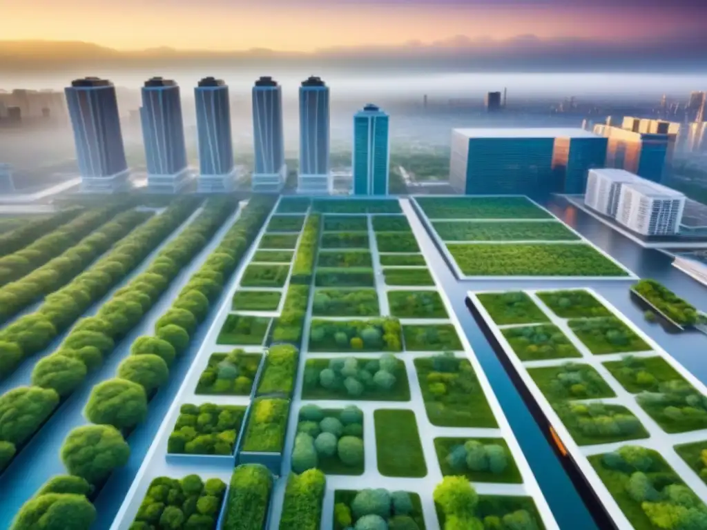 Desarrollo inmobiliario sostenible: ciudad moderna con techos verdes y arquitectura futurista Vista aérea de ciudad vibrante con arquitectura sostenible integrada en paisaje urbano