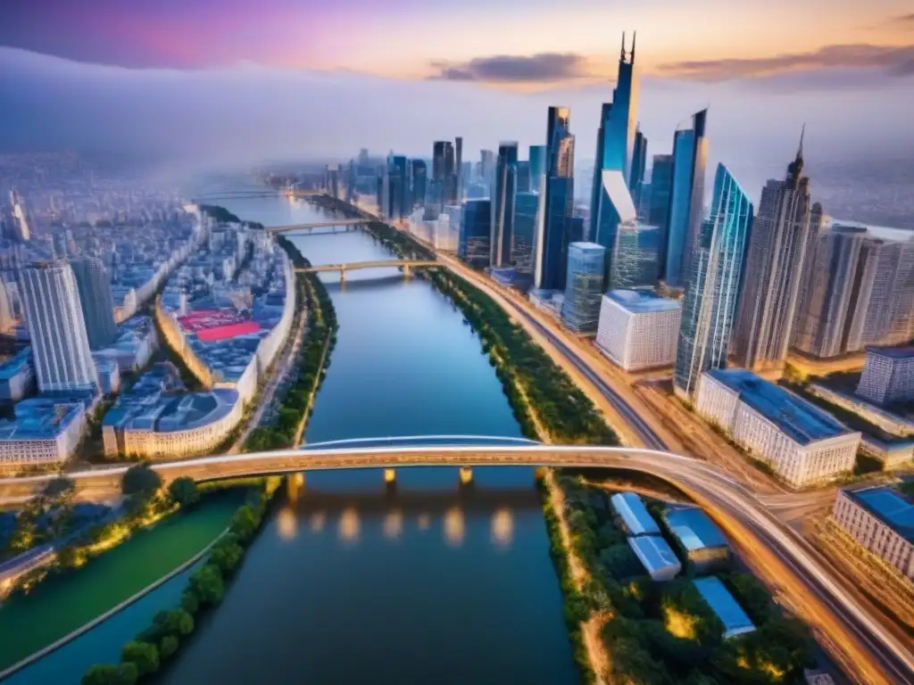 Metrópolis vibrante: arquitectura moderna y antigua conectadas Vista aérea de una ciudad vibrante con rascacielos y edificios históricos, reflejando la globalización y retorno inversiones inmobiliarias