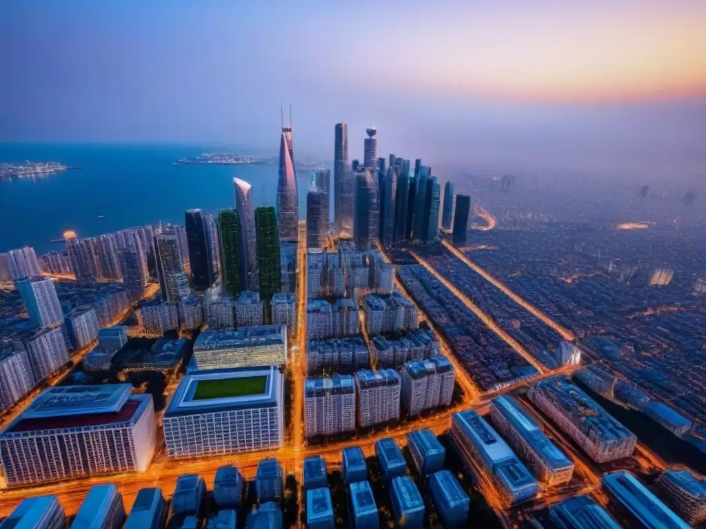 Vibrante ciudad futurista: luces y rascacielos modernos Vista aérea de una ciudad vibrante con rascacielos modernos y arquitectura futurista, reflejando la energía y la innovación urbana