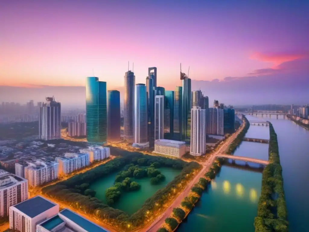 Cityscape moderno al atardecer: luces y sofisticación Vista aérea de una ciudad vibrante al atardecer con rascacielos iluminados
