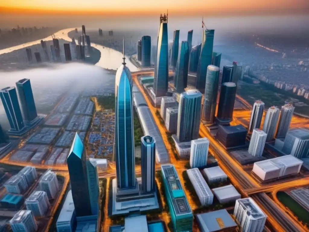Metrópolis emergente: oportunidades de inversión inmobiliaria Vista aérea de una ciudad vibrante en una economía emergente, con rascacielos modernos, calles bulliciosas y proyectos de construcción