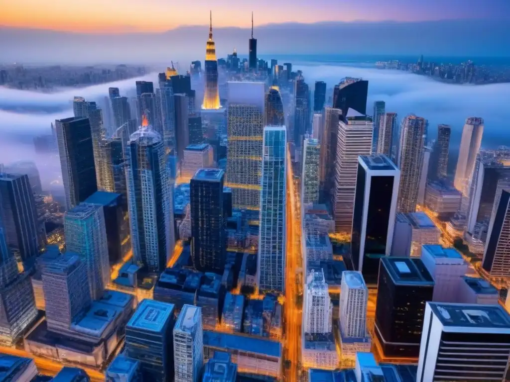 Espectacular vista aérea de una ciudad moderna al anochecer Vista aérea de una ciudad vibrante al anochecer, con rascacielos modernos y redes de calles iluminadas