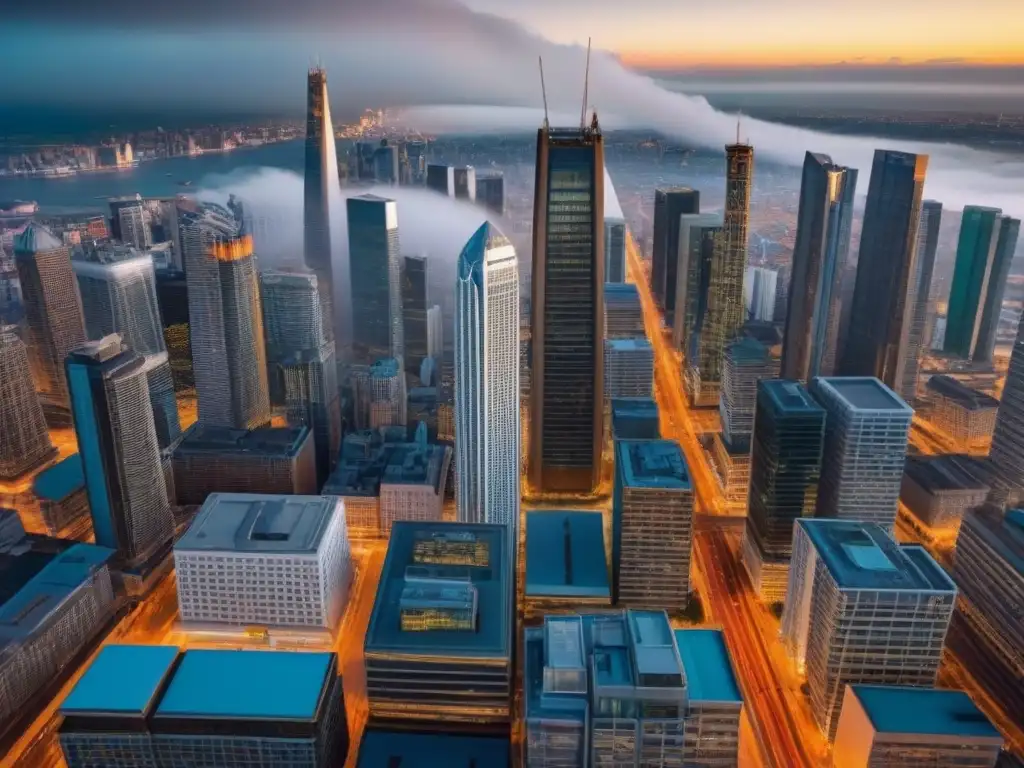 Potencial lucrativo: ciudad vibrante con propiedades comerciales Vista aérea de ciudad vibrante con mix de rascacielos modernos y edificios históricos