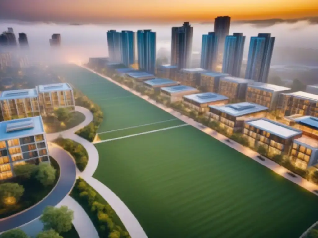 Metrópolis moderna: Integración urbana innovadora Vista aérea de una ciudad vibrante con desarrollos inmobiliarios integrados transformación en armonía urbana