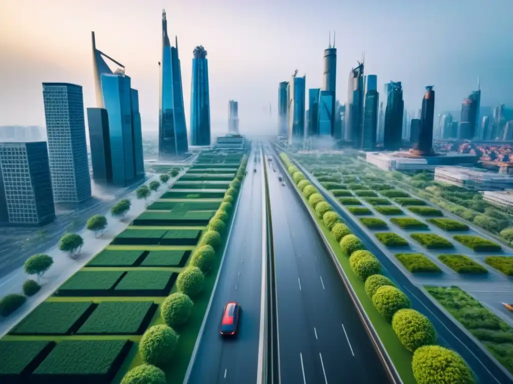 Metrópolis futurista: arquitectura innovadora y vida urbana vibrante Vista aérea de una ciudad vibrante con rascacielos modernos y arquitectura futurista, ideal para invertir en mercado inmobiliario emergente