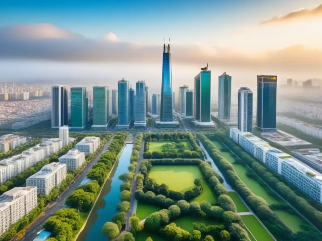 Metrópolis vibrante: mercado inmobiliario en auge Vista aérea de una ciudad vibrante con rascacielos modernos y espacios verdes, reflejando las oportunidades del mercado inmobiliario emergente