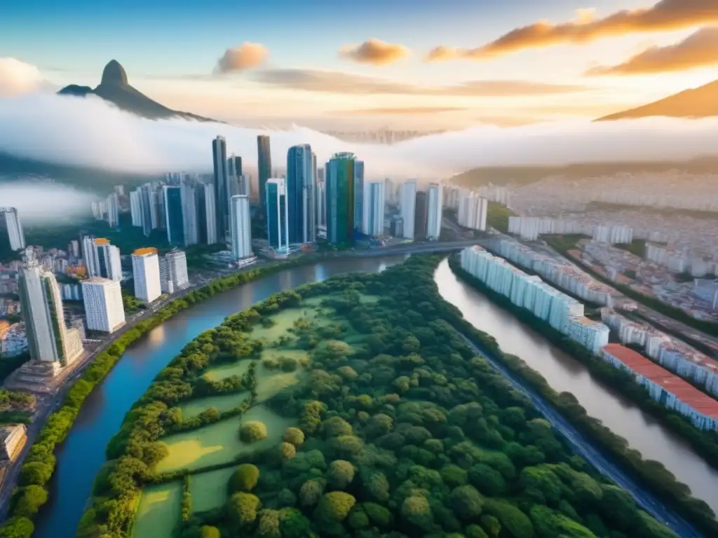 Cityscape vibrante en Latinoamérica: historia y modernidad Vista aérea de una ciudad vibrante en América Latina, con rascacielos modernos y edificios históricos, rodeados de vegetación y un río serpenteando