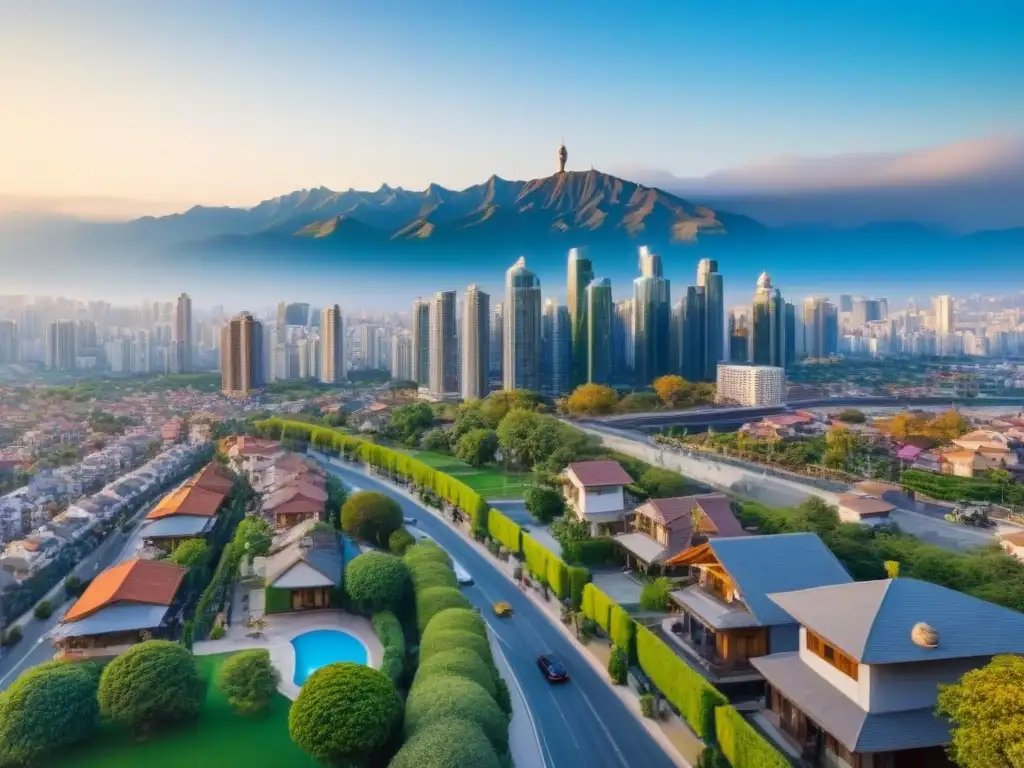 Ciudad emergente: armonía entre tradición y modernidad Vista aérea de una ciudad vibrante en economía emergente, reflejando la demanda de vivienda en economías emergentes