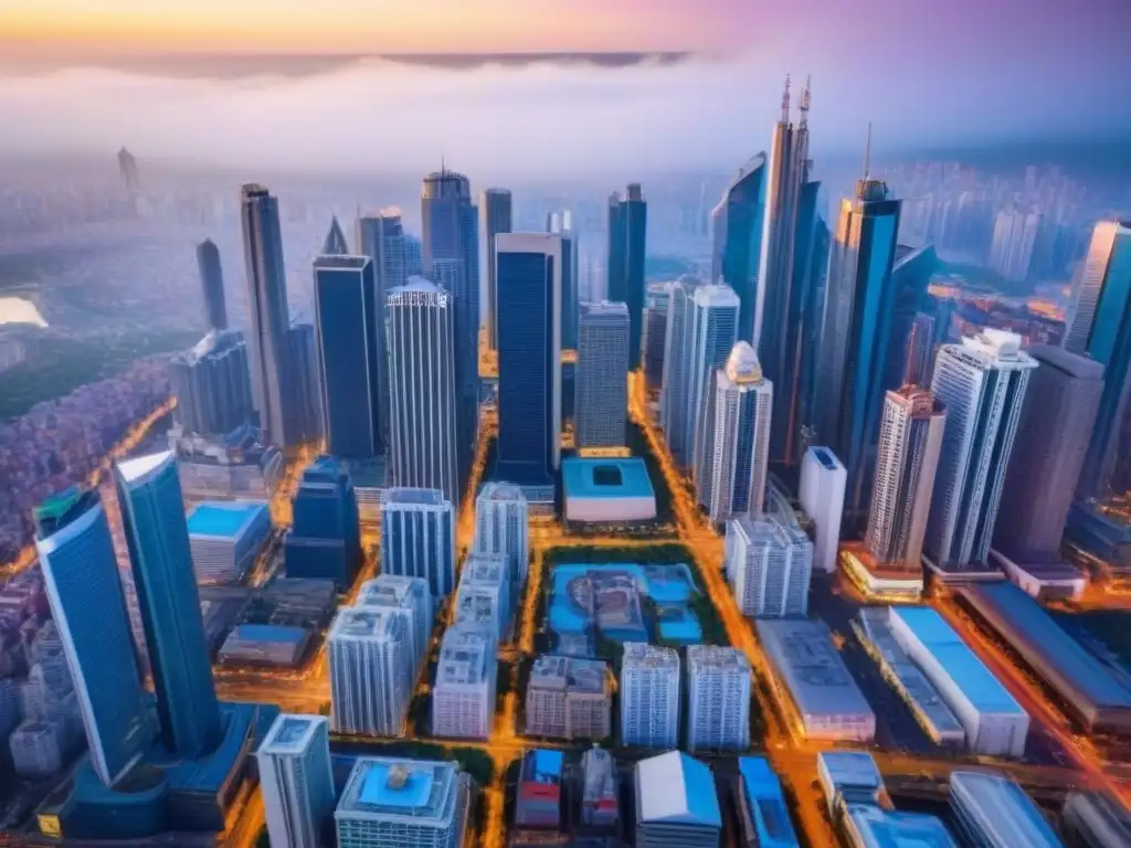 Cityscape vibrante: crecimiento y oportunidad en mercado emergente Vista aérea de una ciudad vibrante en un mercado emergente, con rascacielos modernos y arquitectura tradicional