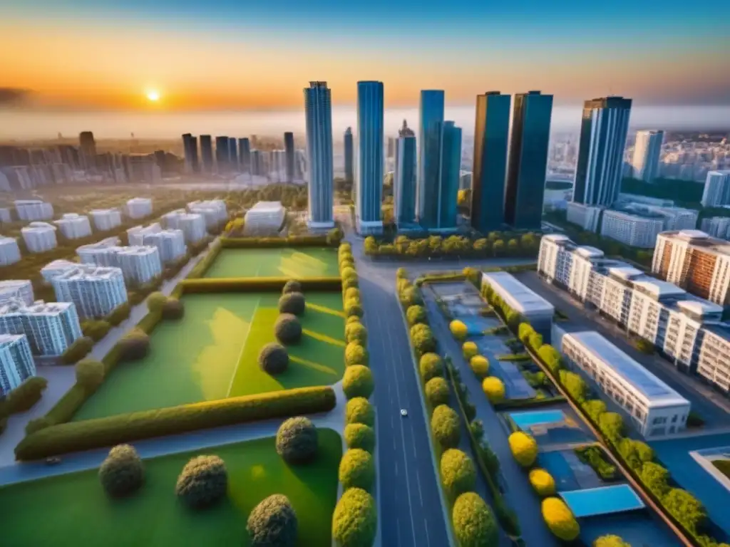 Metrópolis moderna al atardecer: lujo y dinamismo urbano Vista aérea de ciudad vibrante con rascacielos, parques verdes y calles llenas de autos al atardecer