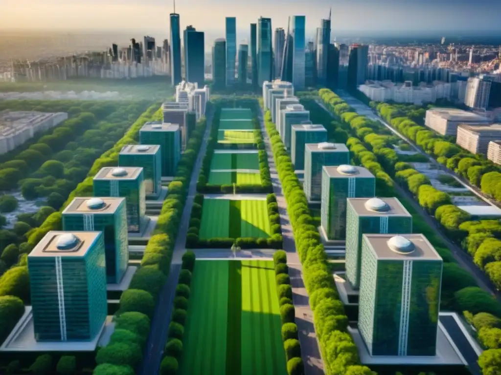 Contraste urbano: rascacielos y naturaleza en armonía Vista aérea de una ciudad vibrante con modernos rascacielos y parques verdes, ideal para inversores en los mejores mercados inmobiliarios