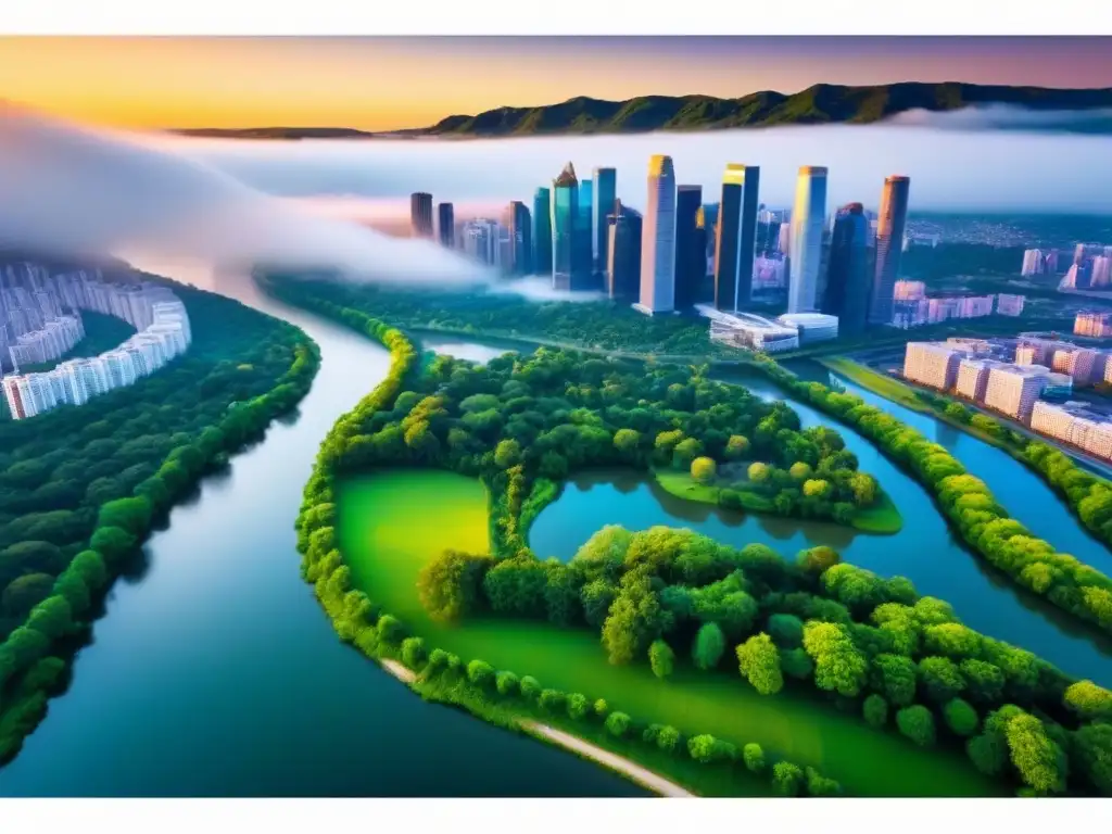 Metrópolis vibrante: ciudad en crecimiento al atardecer Vista aérea de ciudad vibrante al atardecer con rascacielos y parques, símbolo de oportunidad en gangas inmobiliarias ciudades alto crecimiento