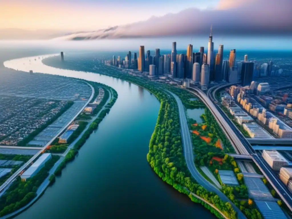 Metrópolis vibrante: panorama urbano con rascacielos y ríos Vista aérea de una ciudad vibrante con rascacielos, autopistas y un río, ideal para inversión inmobiliaria en áreas metropolitanas norteamericanas