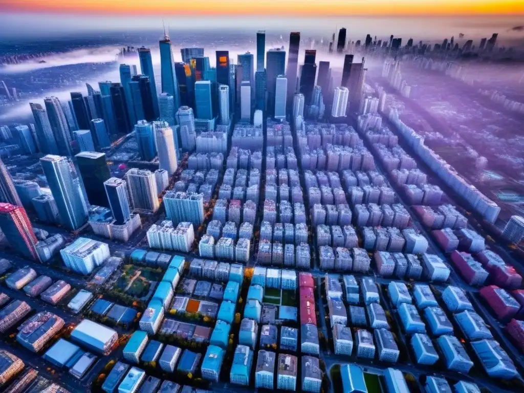 Vibrante mercado inmobiliario postcrisis: crecimiento urbano en contraste Vista aérea de ciudad vibrante, muestra contraste entre nuevos desarrollos y barrios establecidos