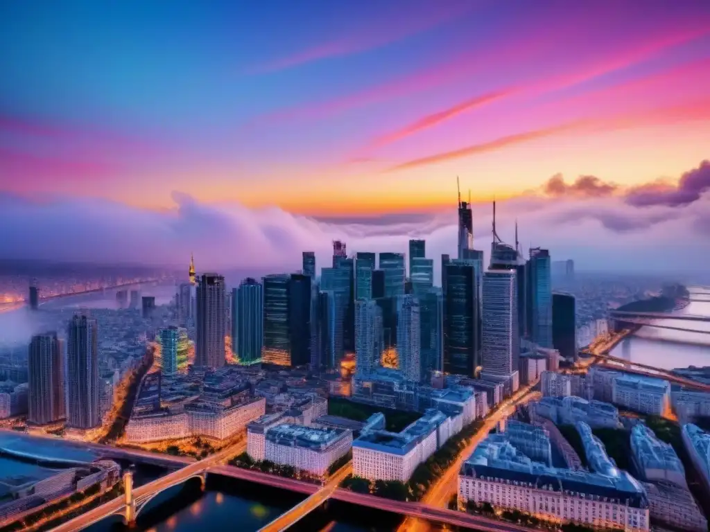 Vibrante ciudad nocturna: luces y arquitectura moderna Vista aérea de una ciudad vibrante con rascacielos y redes de carreteras iluminadas por luces de la ciudad al atardecer