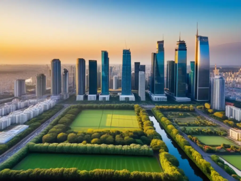 Horizonte urbano postpandemia: crecimiento inmobiliario y naturaleza Vista aérea de una ciudad vibrante al atardecer, reflejando el Portafolio inmobiliario internacional postCOVID