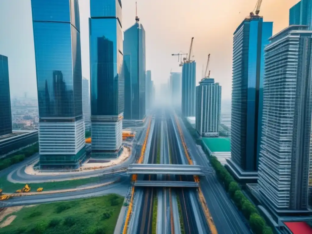 Metrópolis en evolución: Ciclo inmobiliario urbano Vista aérea de una ciudad vibrante en pleno ciclo inmobiliario y crisis, con rascacielos, edificios residenciales y obras en construcción