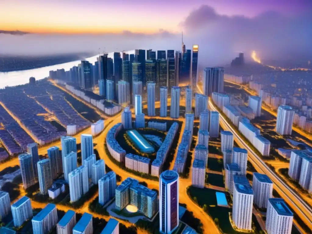 Vibrante ciudad: crecimiento inmobiliario bajo políticas gubernamentales Vista aérea de una ciudad vibrante con rascacielos modernos y barrios animados, reflejando la reactivación inmobiliaria