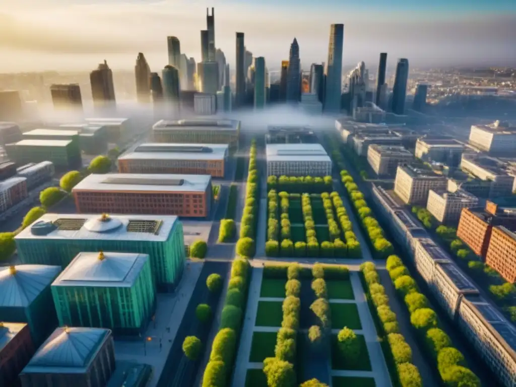 Contraste arquitectónico: ciudad histórica y moderna Vista aérea de una ciudad vibrante con arquitectura antigua y moderna, destacando la transformación de ciudades postindustriales