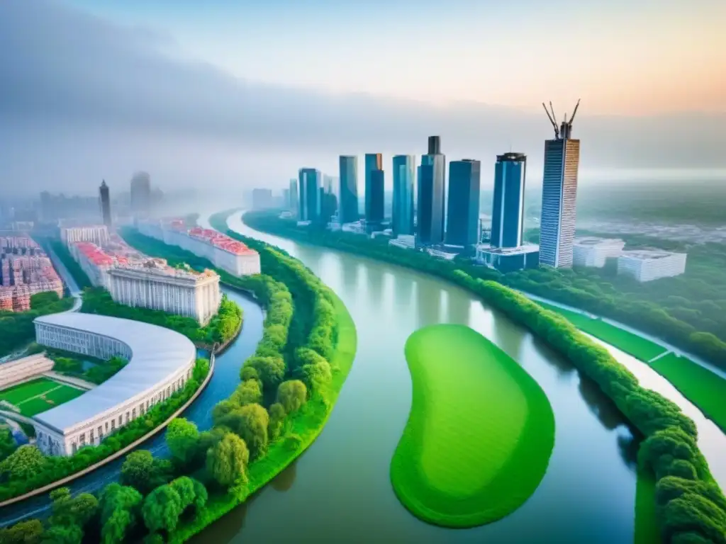 Renovación urbana: fusión de historia y modernidad en la ciudad Vista aérea de una ciudad vibrante con rascacielos modernos y edificios históricos, rodeada de parques verdes y un río