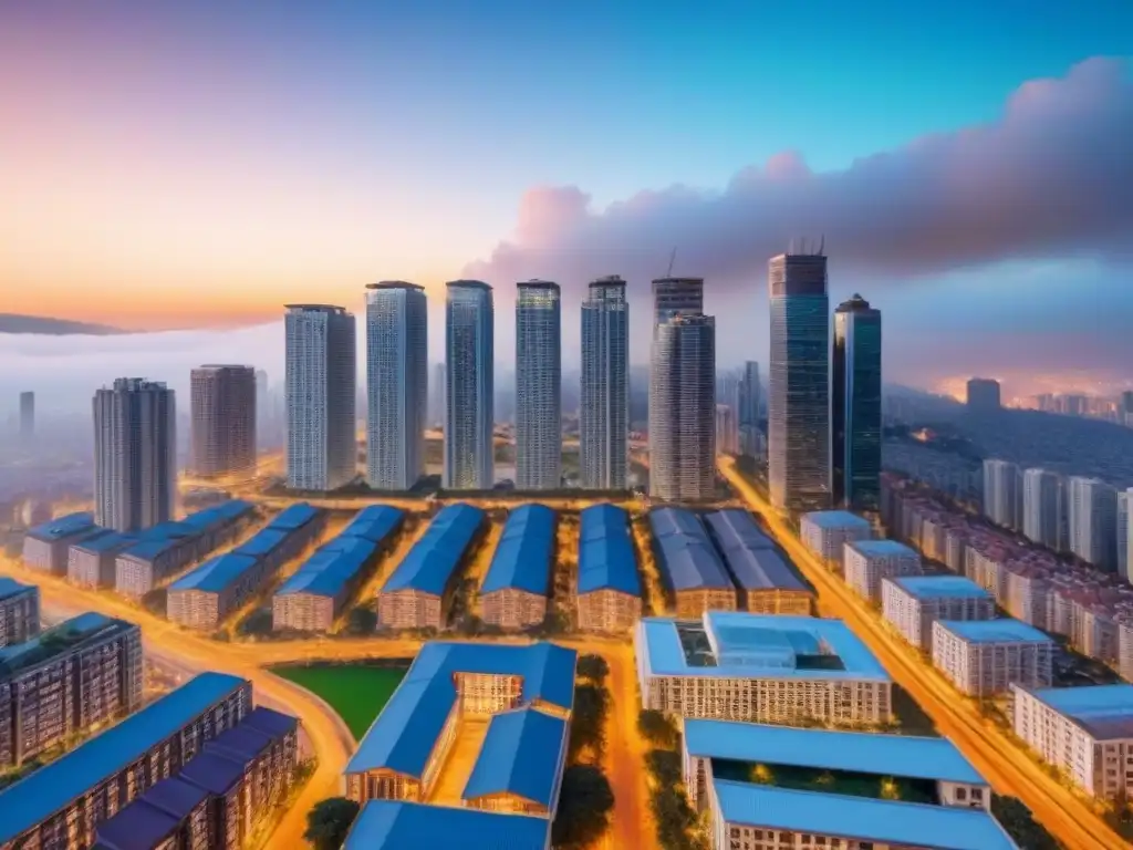 Panorama urbano: inversión inmobiliaria en mercados emergentes Una vista aérea de una ciudad vibrante con rascacielos modernos y edificios tradicionales, reflejando la dinámica de la inversión inmobiliaria y cambios políticas en mercados emergentes