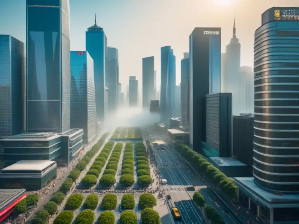 Metrópolis moderna: rascacielos, energía y progreso urbano Vista aérea de una ciudad vibrante con rascacielos modernos reflejando luz solar