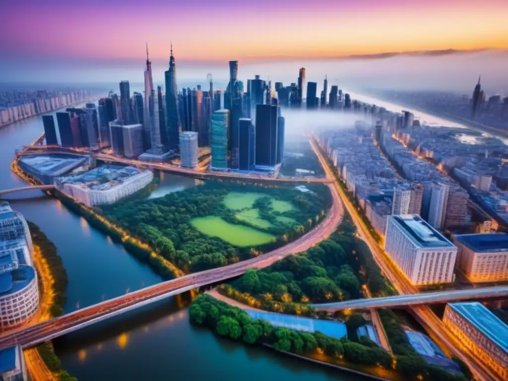 Metrópolis vibrante: skyline moderno y verde exuberante al atardecer Vista aérea de una ciudad vibrante con rascacielos modernos y naturaleza exuberante alrededor