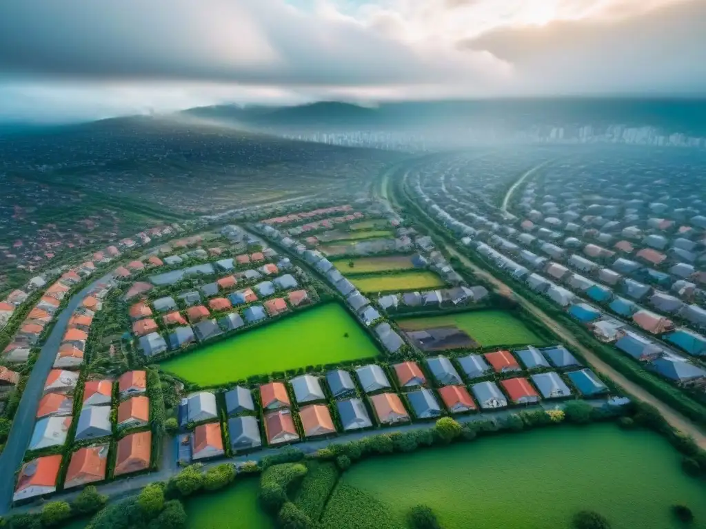 Arquitectura sostenible en ciudad en desarrollo: tradición y modernidad Vista aérea de una ciudad vibrante con arquitectura tradicional y moderna, enfocada en elementos de urbanismo sostenible