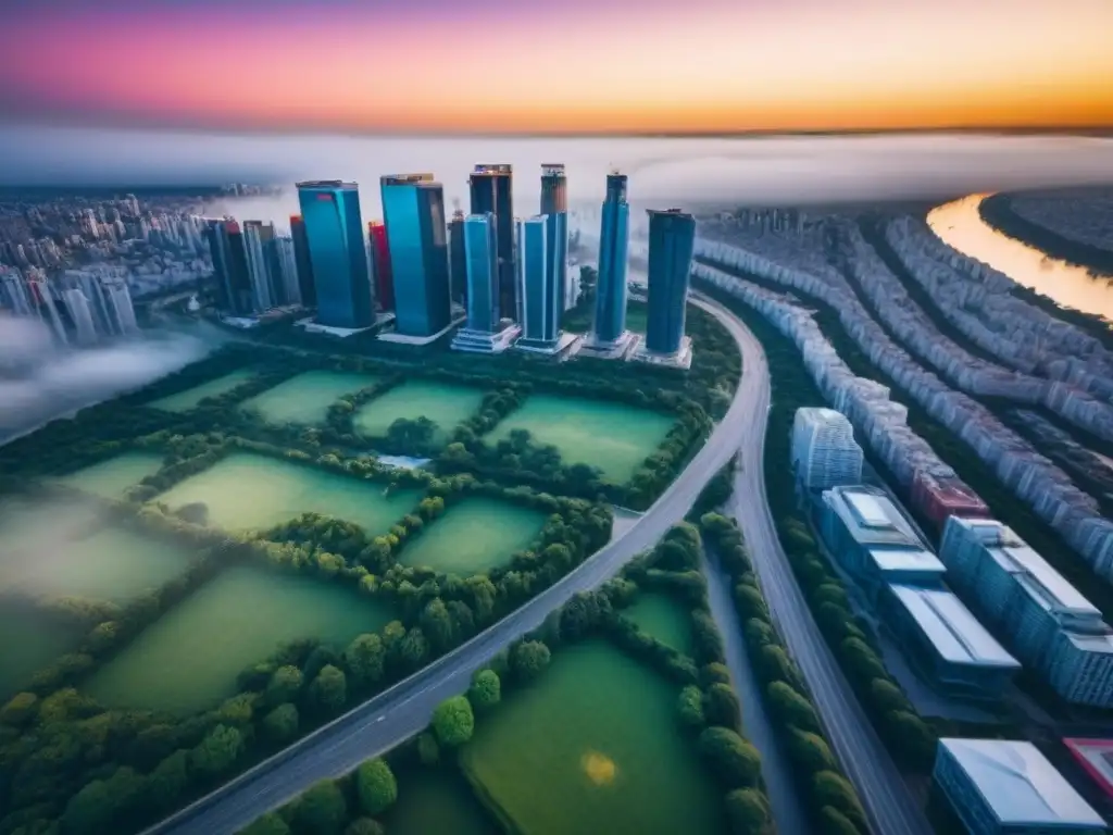 Horizonte urbano en crepúsculo: mercado inmobiliario vibrante Vista aérea de una ciudad vibrante al atardecer con rascacielos modernos, reflejando el auge del mercado inmobiliario