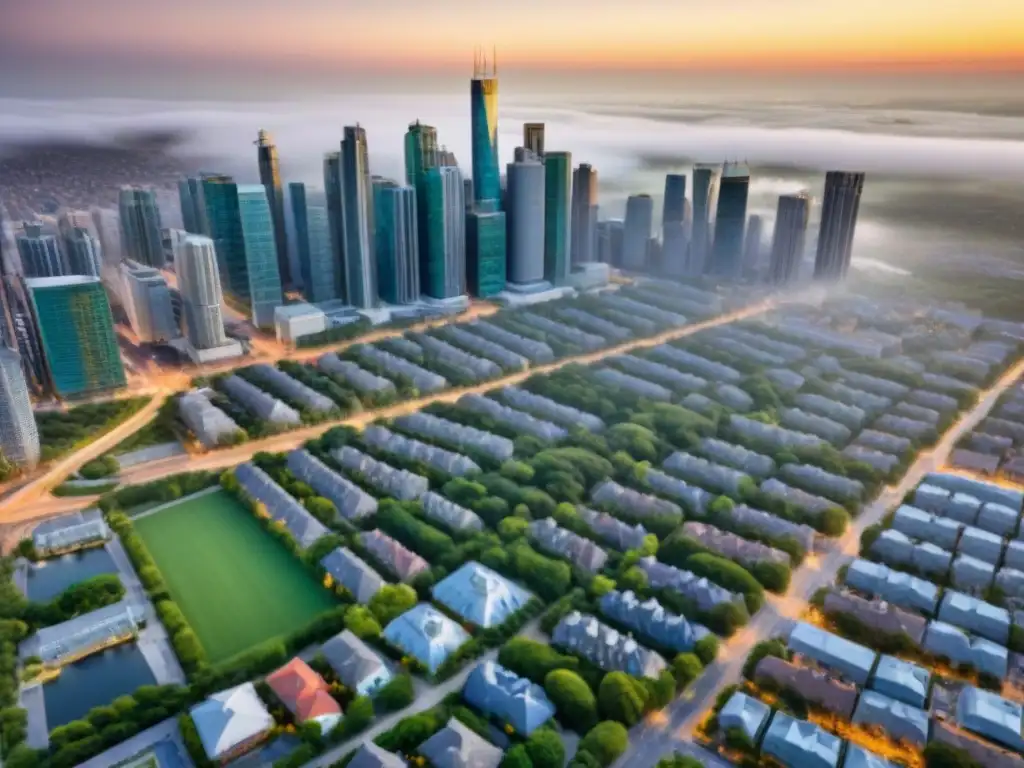 Metrópolis vibrante: arquitectura moderna y verde en la trama urbana global Vista aérea de una ciudad vibrante con modernos rascacielos, arquitectura histórica y zonificación inversión inmobiliaria