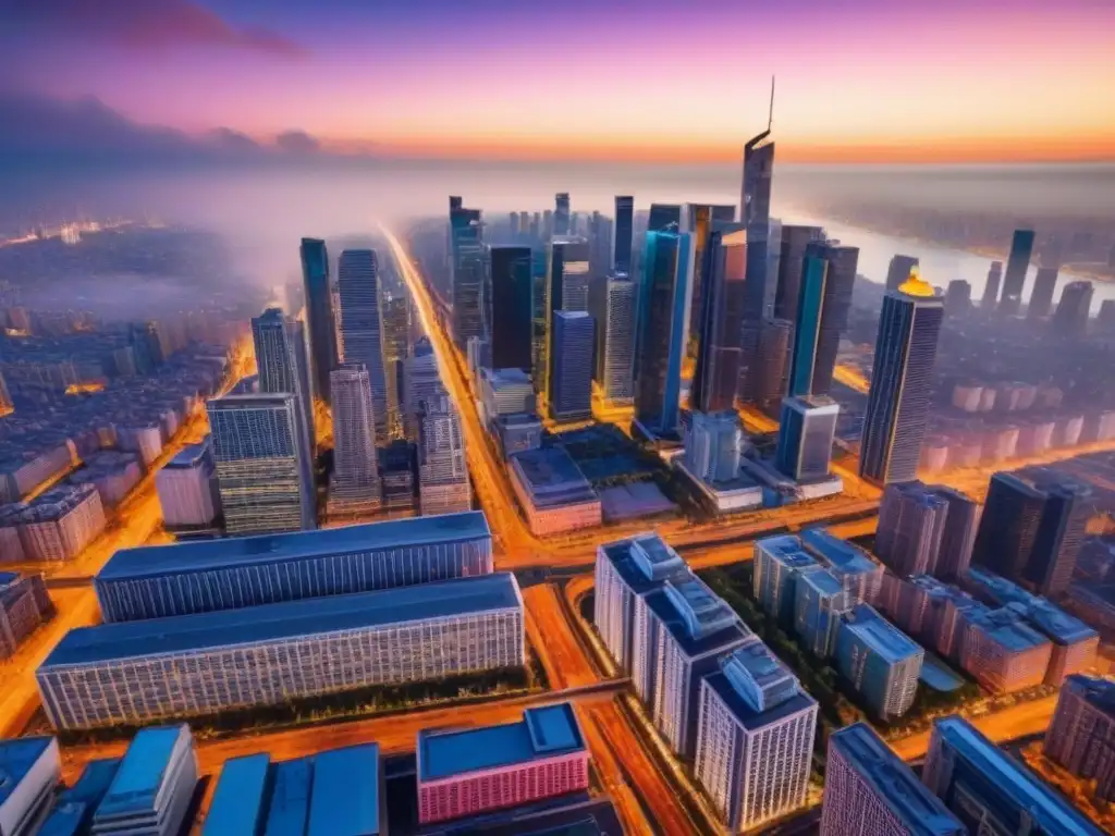 Metrópolis vibrante al atardecer: oportunidades de inversión inmobiliaria Vista aérea de una ciudad vibrante al atardecer con rascacielos modernos y calles llenas de actividad