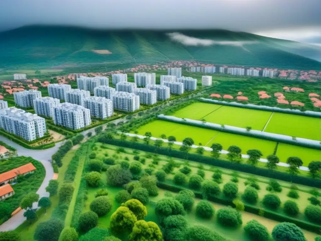 Vivienda asequible y sostenible: modernidad urbana Vista aérea de una ciudad con vivienda asequible para inversores internacionales, integrando naturaleza y comunidad